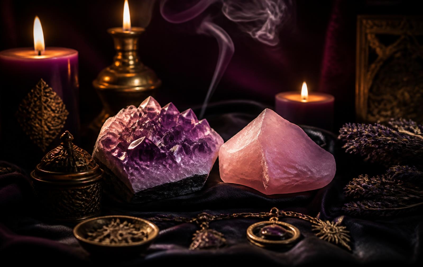 Cristaux d'améthyste et de quartz rose sur un autel éclairé à la bougie